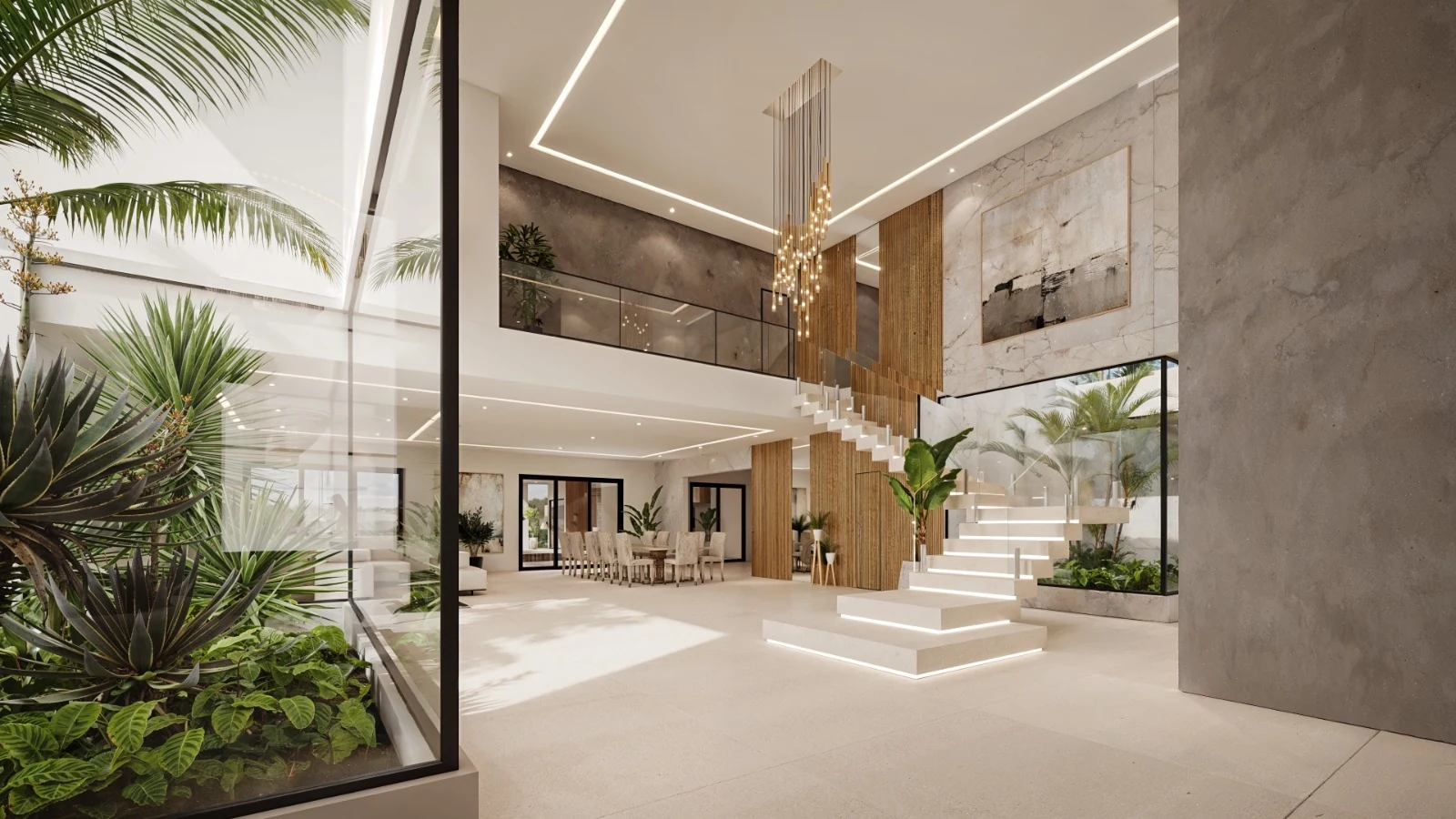 Escada flutuante de mármore no Residencial Portobello
