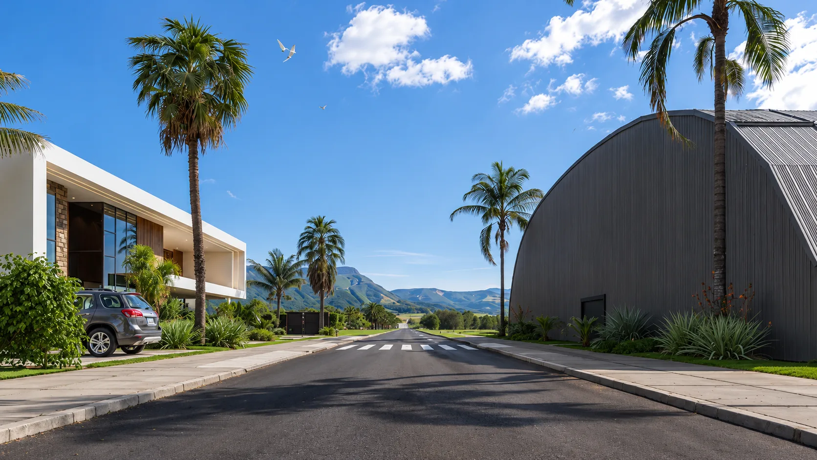 Hangar aberto com jato na pista no Residencial Portobello